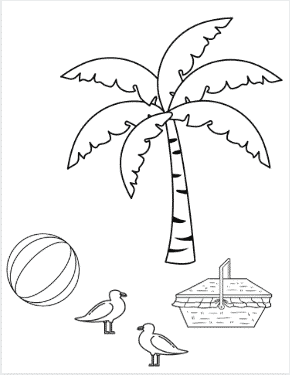 Beach Coloring page with a palm tree, birds, ball and picnic basket