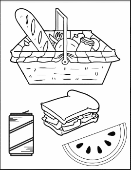 Picnic basket coloring page with a sandwich, soda and watermelon