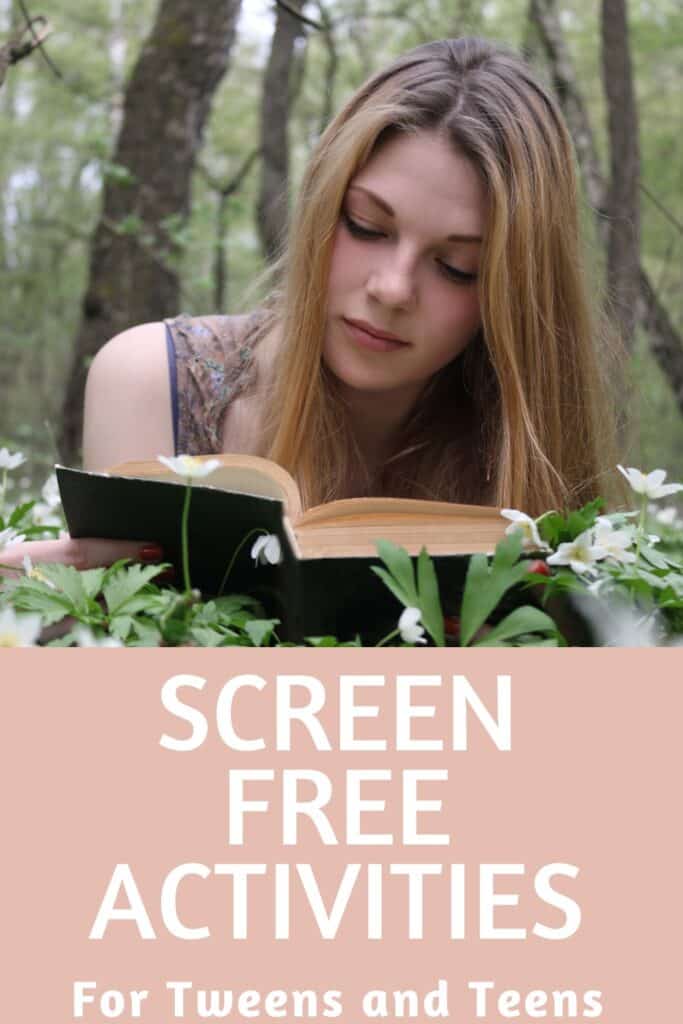 Screen Free Activities  - 40 Fabulous Ideas for Tweens and Teens, picture shows girl reading in the woods #funforkids #funfortweens #screenfree #screenfreeactivities