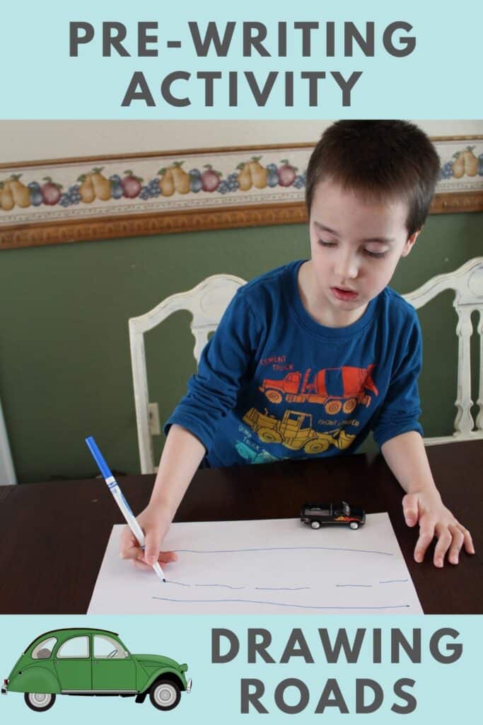 Pre-Writing Activity - Drawing Roads - Find fun ways to get your reluctant preschooler excited about writing!  Also FREE PRINTABLES  #prewritingskills #preschool #kindergartenready #learntowrite - child shown drawing roads, car next to him