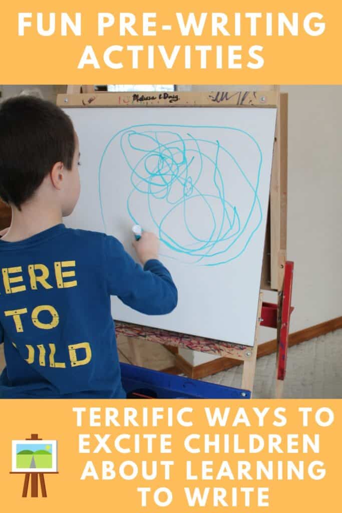 Fun Pre-Writing Skill Activities - Terrific Ways to Excite Children about Learning to Write!  #prewriting #learntowrite #howtoteachchildtowrite (child shown drawing on an easel)