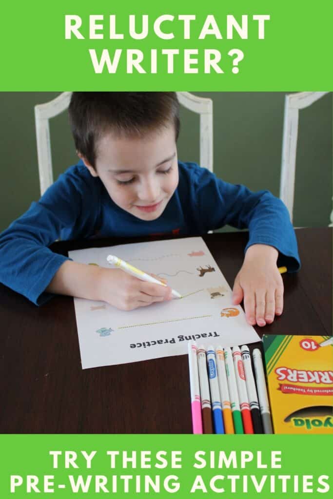 Reluctant Writer?  Try these simple pre-writing activities.  FREE PRINTABLE pre-writing pages  #freeprintables #preschool #prek #teachingwriting  (child using markers tracing lines)