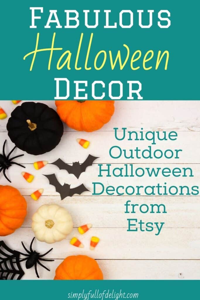 Unique Outdoor Halloween Decorations from Etsy ( title surrounded by candy corn, mini pumpkins, and pretend spiders)