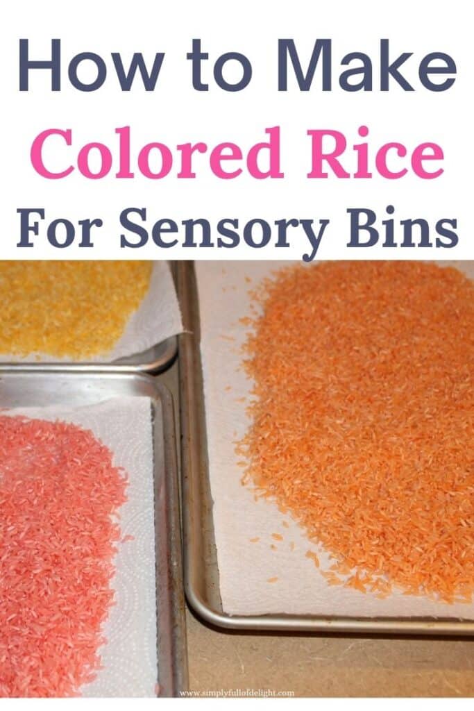 Step by step instructions for creating Colored rice for sensory bins.