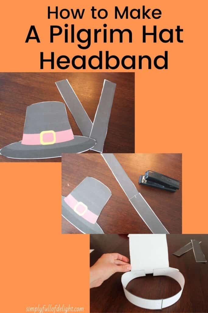 3 Pictures to show how to assemble the pilgrim hat headband - first pic shows the hat template cut out, next pic shows the strip of the headband being stapled in a line.  Then the last pic shows the headband attached to the hat template, making a fully assembled pilgrim hat headband