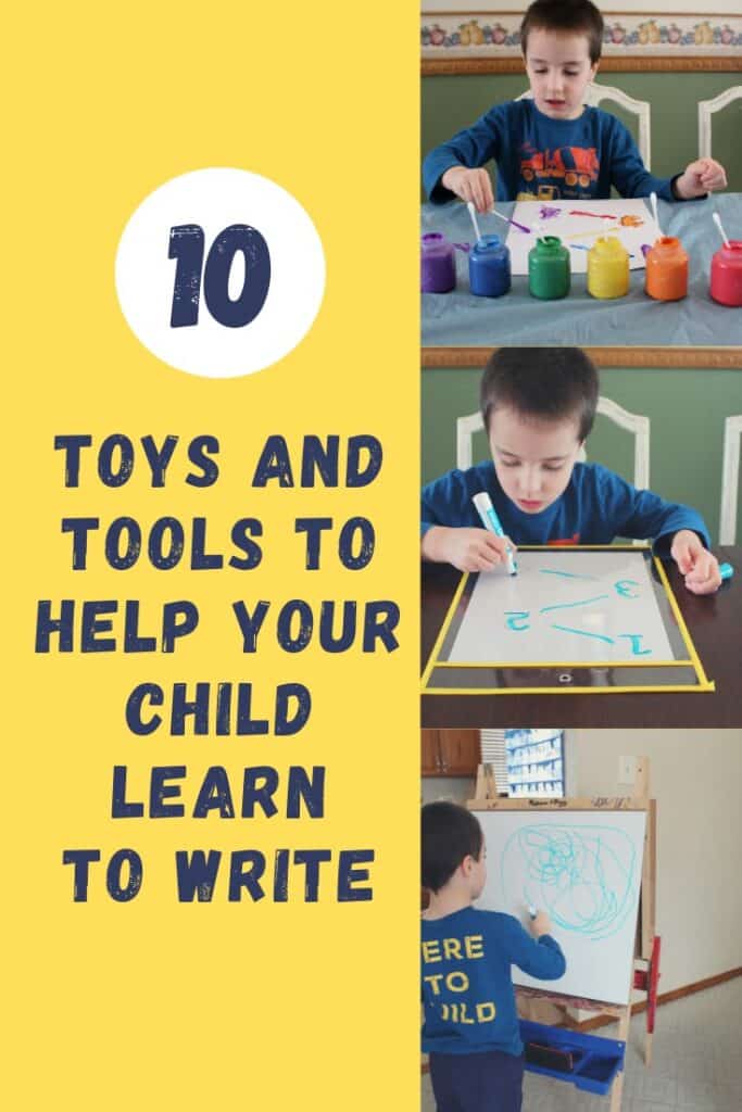 10 Toys and Tools to Help Your Child Learn to Write - Make learning fun!   #prewritingskills #writingactivities #kindergartenready #preschool  (pictured: rainbow paints with q-tips, child tracing with dry erase markers, and child drawing on easel)