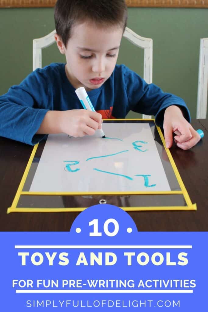 10 Toys and Tools for Fun Pre-Writing Activities - Looking for something to motivate your reluctant preschooler?  Try these fun ideas to help them learn to write their name!  #writing #preschool #prek #pre-writing  (child shown tracing with dry erase markers)