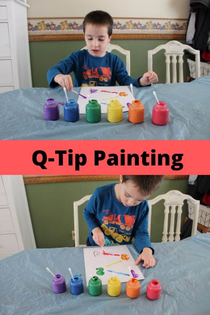 Q-Tip Painting - Develop your child's pre-writing skills and fine motor skills - child shown painting with q-tips #learntowrite #pre-writing #teachingyourchild