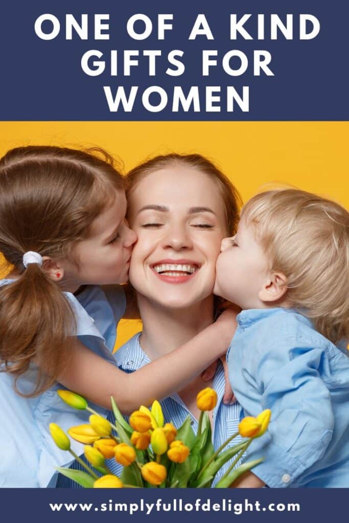 One Of A Kind Gifts For Women  - shown: mom being kissed by 2 kids