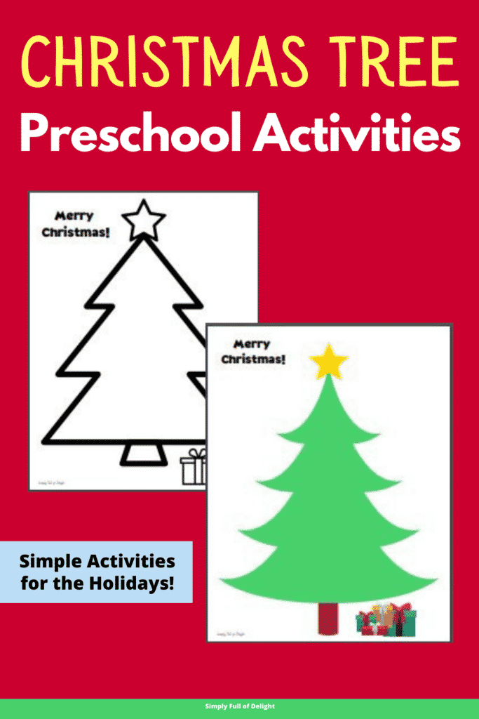 Christmas Tree Preschool Activities - Simple activities for the holidays! (2 Christmas tree printables shown on a background of red)