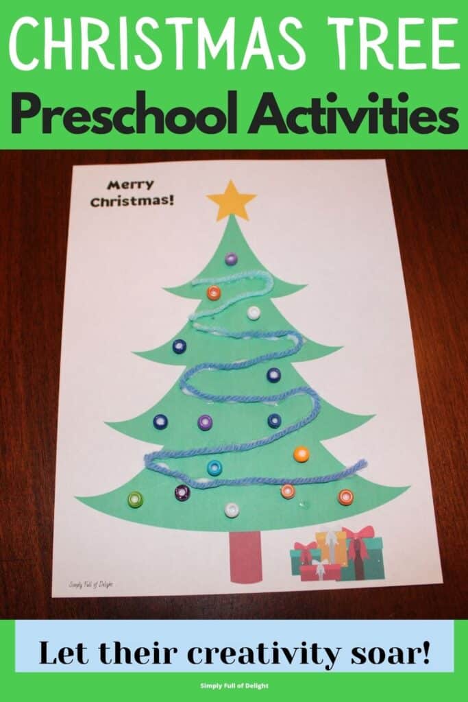 Christmas Tree Preschool Activities (full color printable of Christmas tree decorated with yarn and beads)