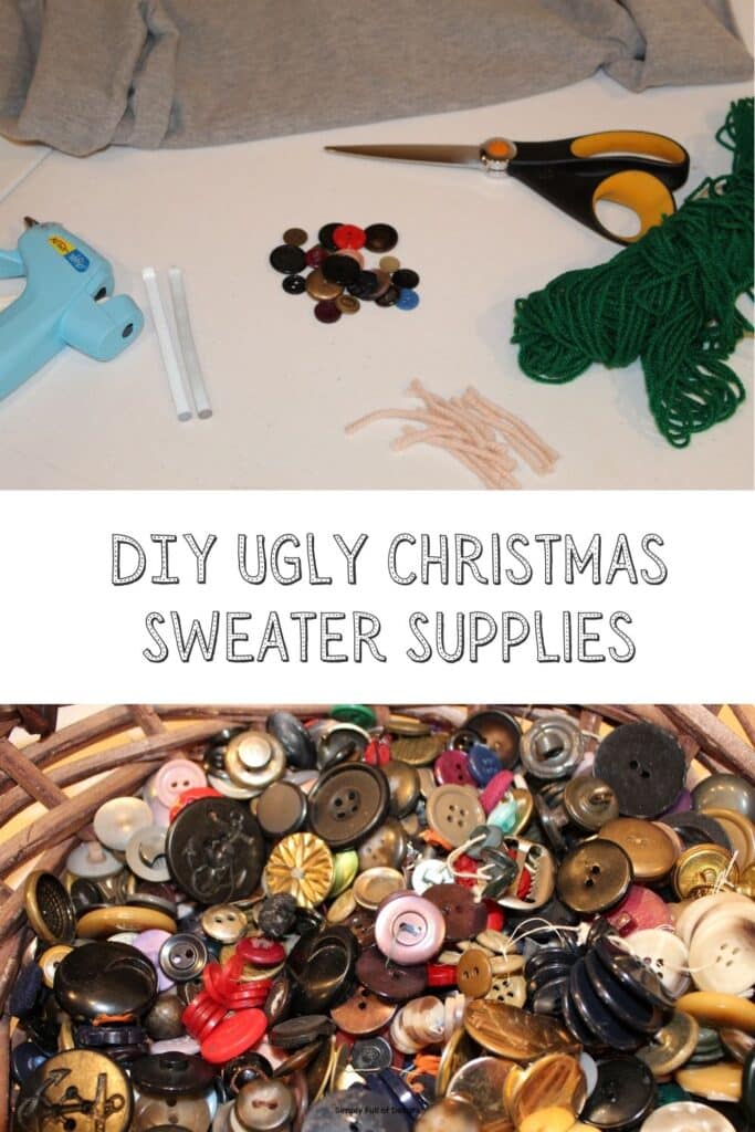 DIY Ugly Christmas Sweater Supplies - glue gun, buttons, yarn, scissors