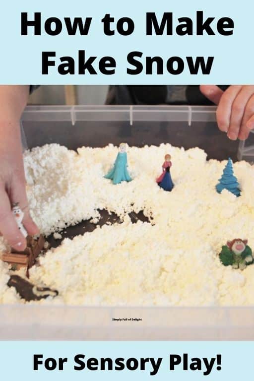 How to make fake snow for sensory play - pictured - a child playing wit fake snow sensory bin