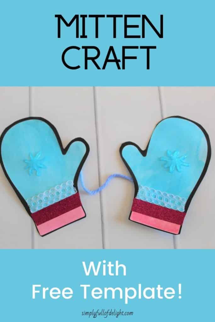 Mitten Craft with Free Mitten Template - blue mittens shown with embellishments of washi tape and glitter glue