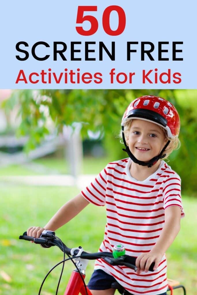 50 Screen Free Activities for Kids (child on bike pictured)