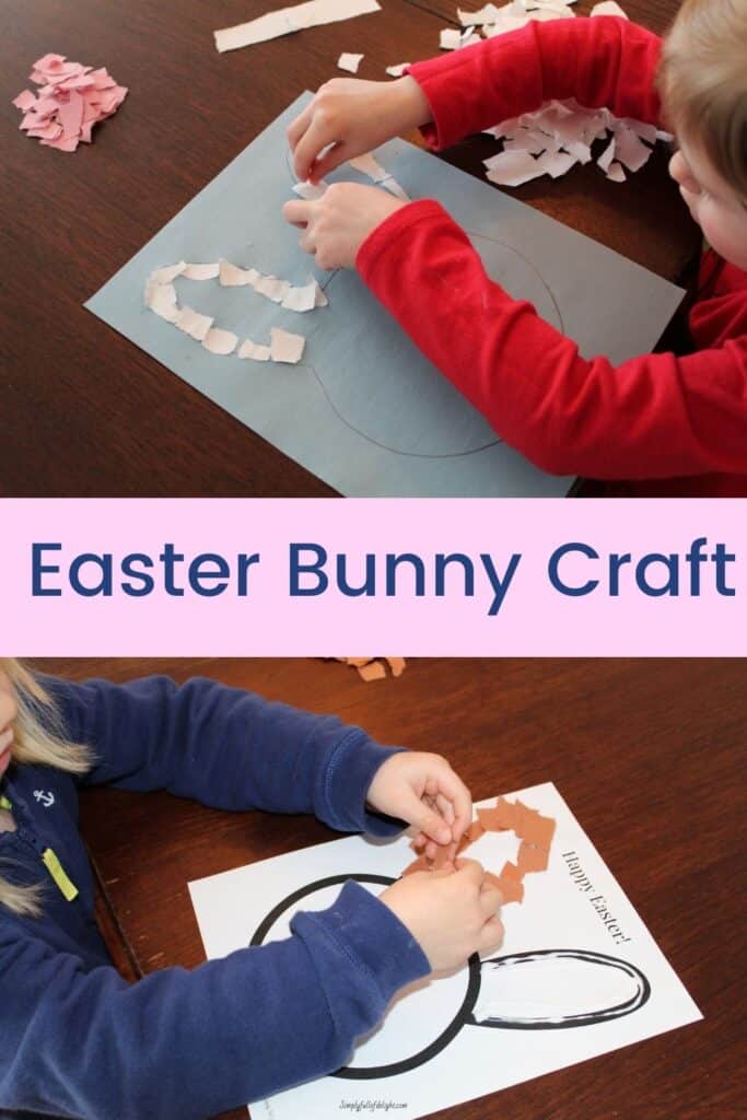 Easter Bunny Craft - pictured:  gluing paper to the outline of the bunny's ears