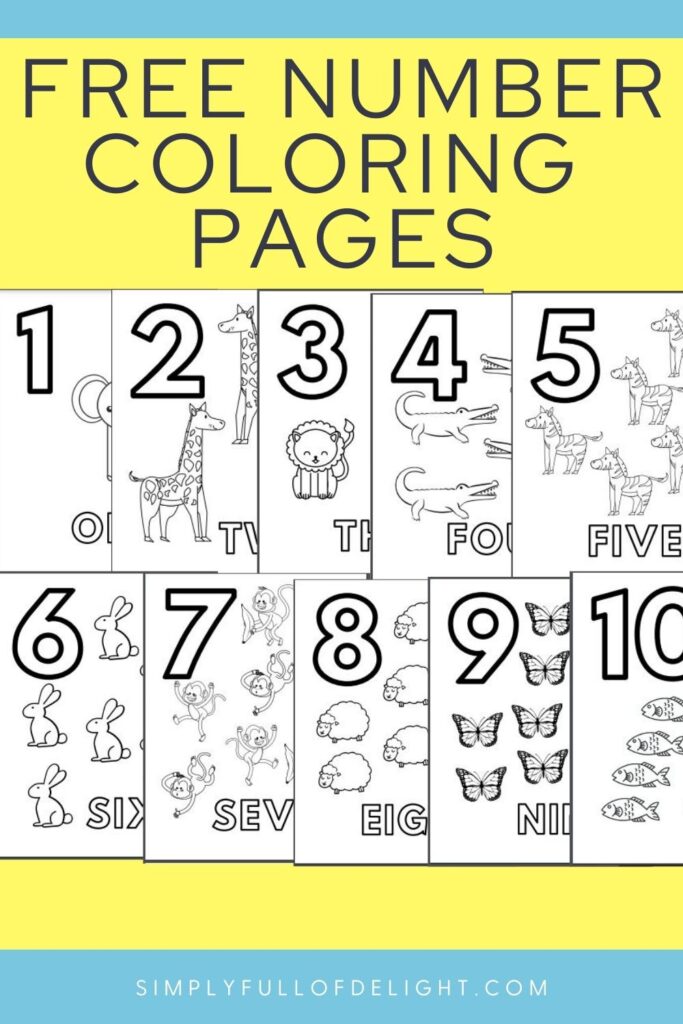 Free Number Coloring Pages displayed on a yellow background from Simply Full of Delight