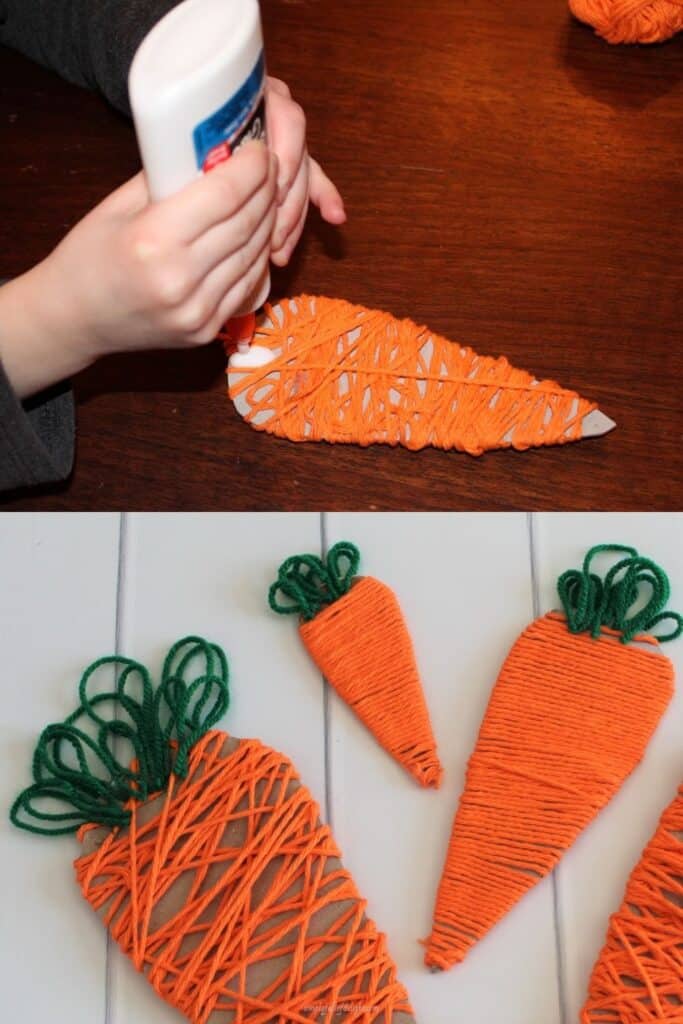 Preschool Carrot Craft - gluing on the carrot tops.