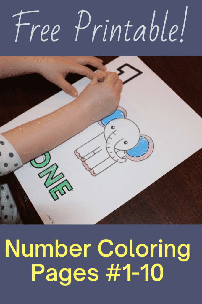 Preschool Number Coloring pages for numbers 1-10, child shown coloring the elephant number one page.