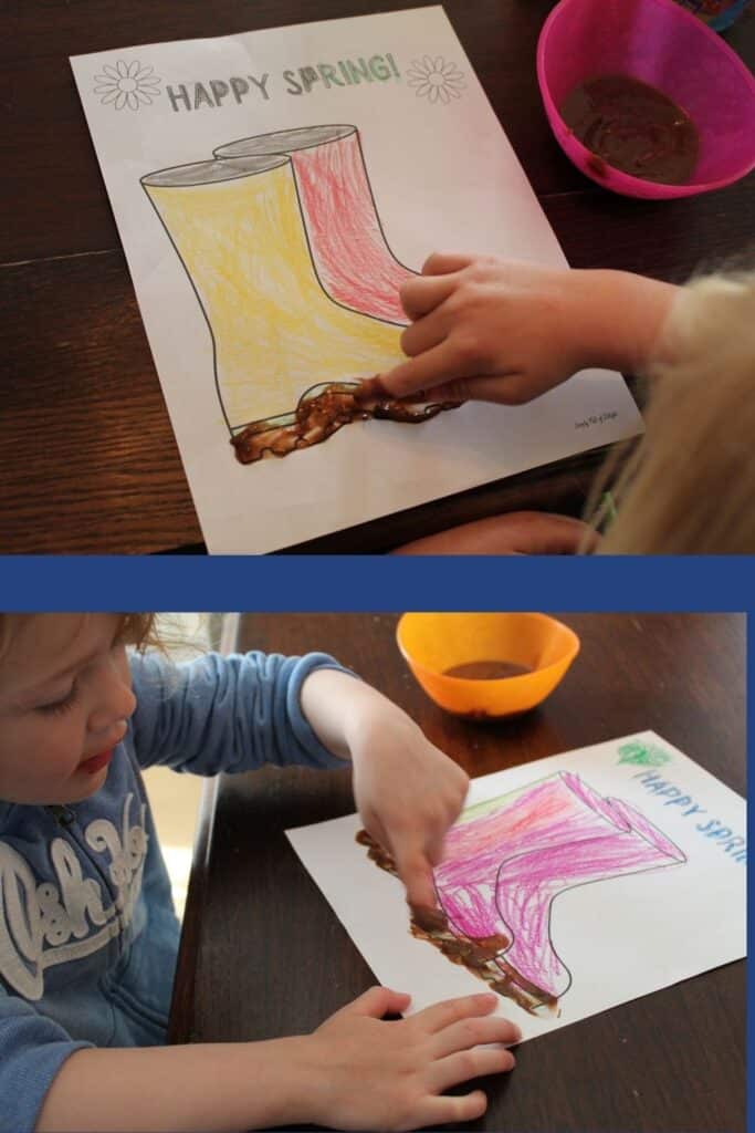 Finger Painting with pudding on the Muddy Boots Toddler Spring Craft