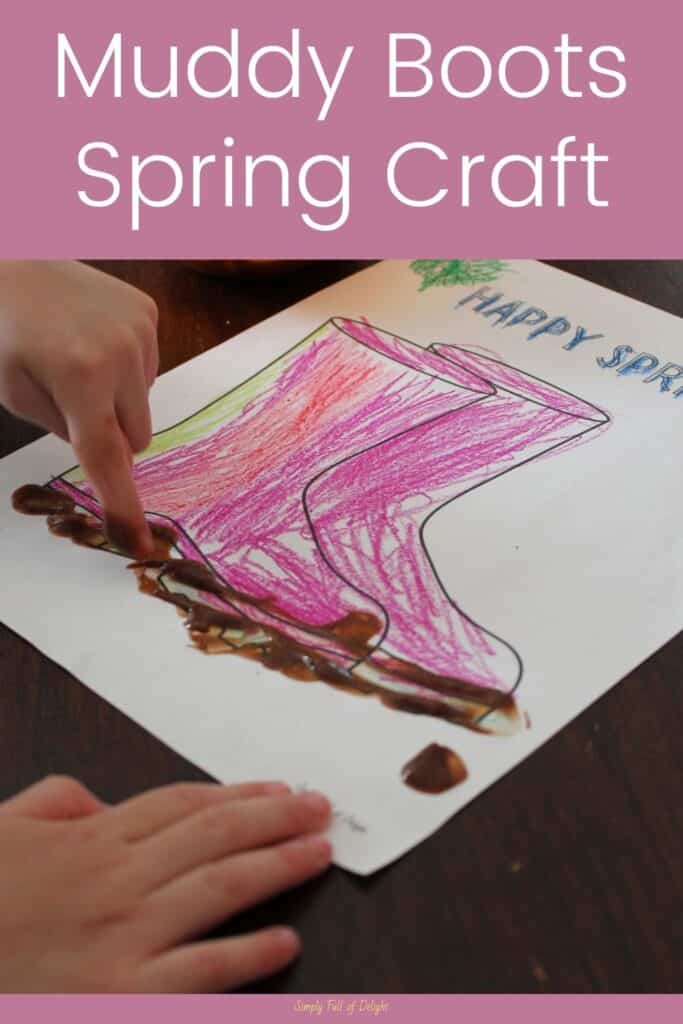 Muddy Boots Spring Craft - An Easy Spring craft for Toddlers - child finger painting with pudding onto a boot printable