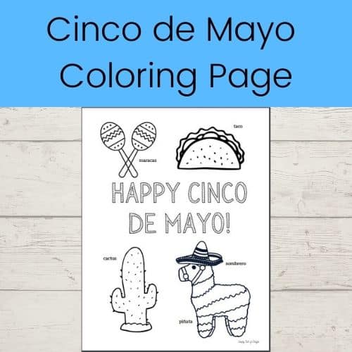 Cinco de Mayo Coloring page featuring maracas, a taco, a cactus, and a burro pinata with a sombrero