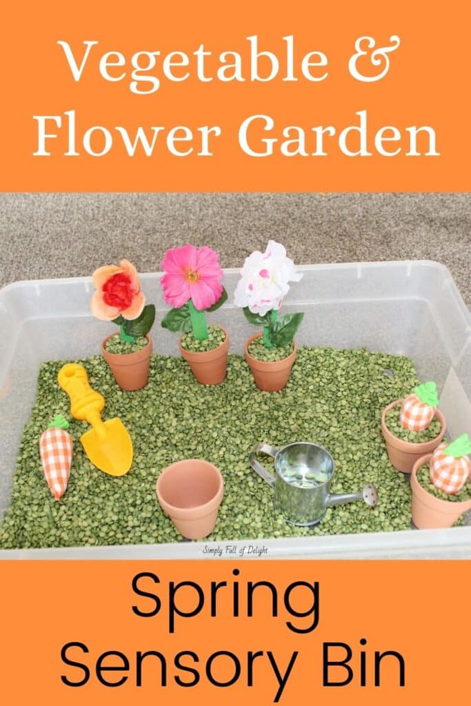 Vegetable and Flower Garden Spring Sensory Bin - sensory play idea with fake flowers, flower pots, a mini watering can, pretend carrots, and split peas.