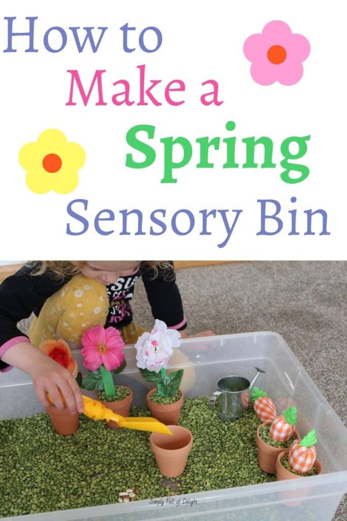 How to Make a Spring Sensory Bin - child scooping peas with a shovel in spring sensory bin