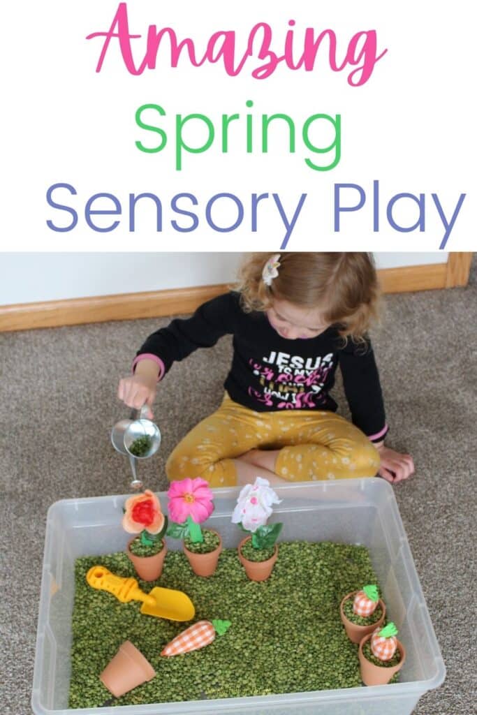 Amazing Spring Sensory Play - sensory bin filled with flowers, pots, carrots, shovels, watering can and more for spring preschool fun!