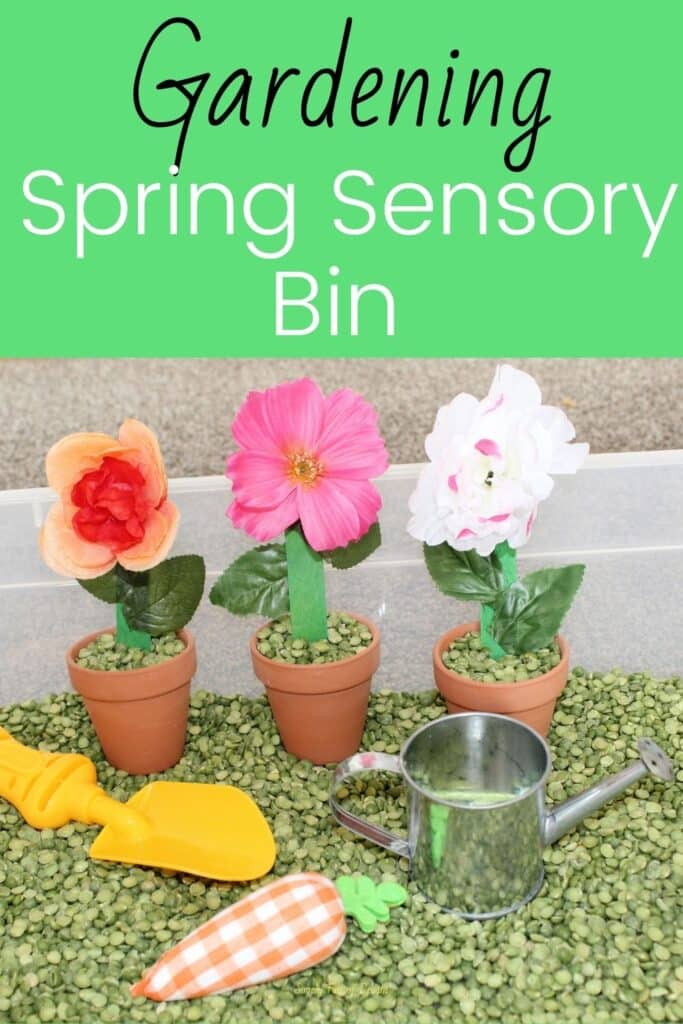 Gardening Spring Sensory Bin - a  Sensory play garden with flowers and vegetables