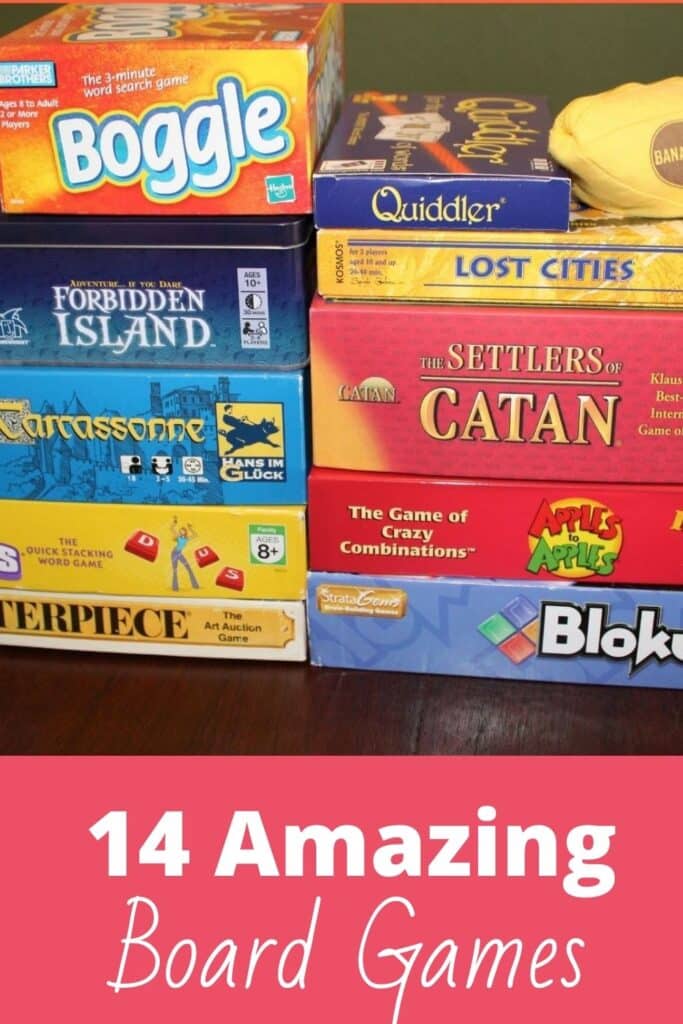 14 amazing board games, great for family game night! (shown: a stack of family board games)