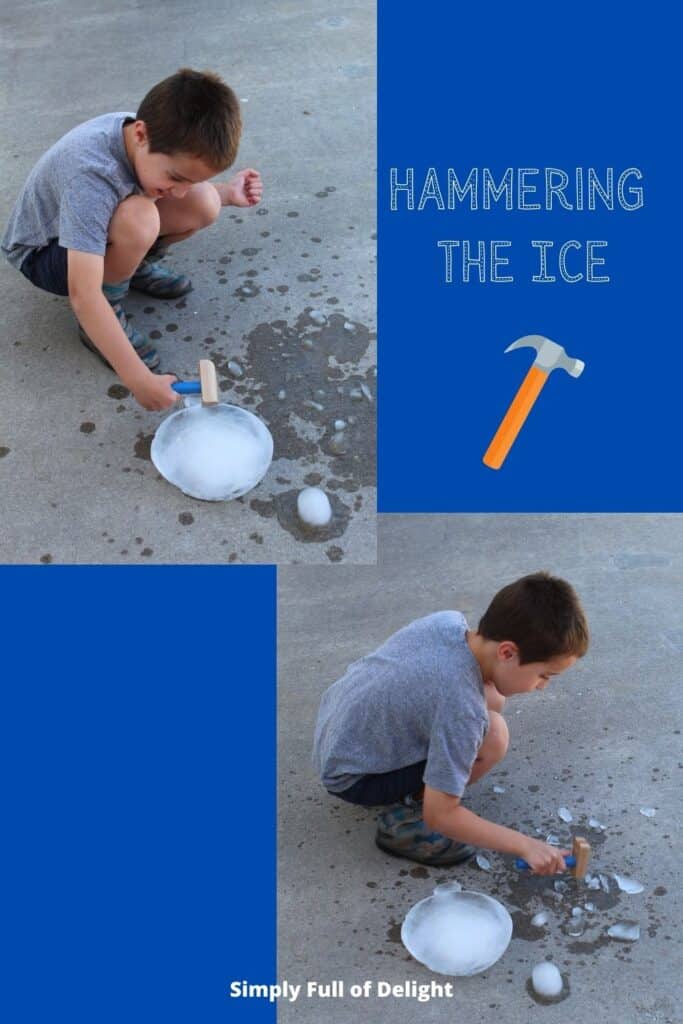 Hammering the ice - Pictured - my child hammering the leftover ice block from the igloo.