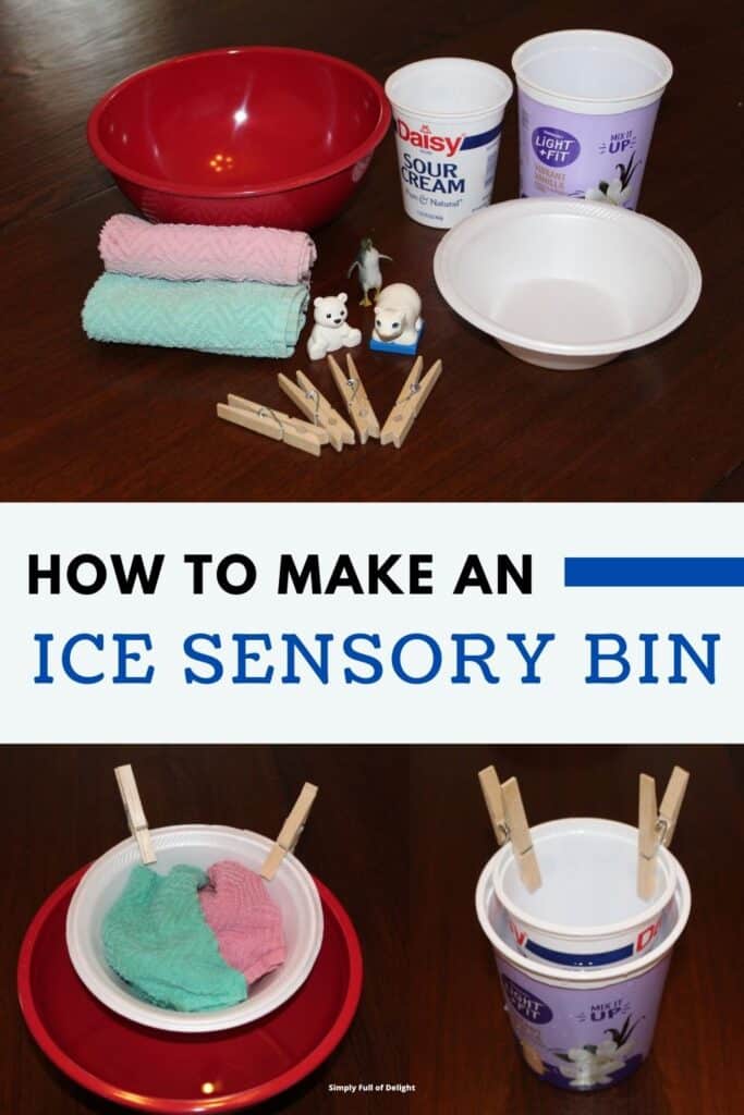 How to make an Ice Sensory Bin - supplies needed for ice sensory play  are shown:  a variety of bowls/containers, clothespins, washcloths, and arctic animal toys.