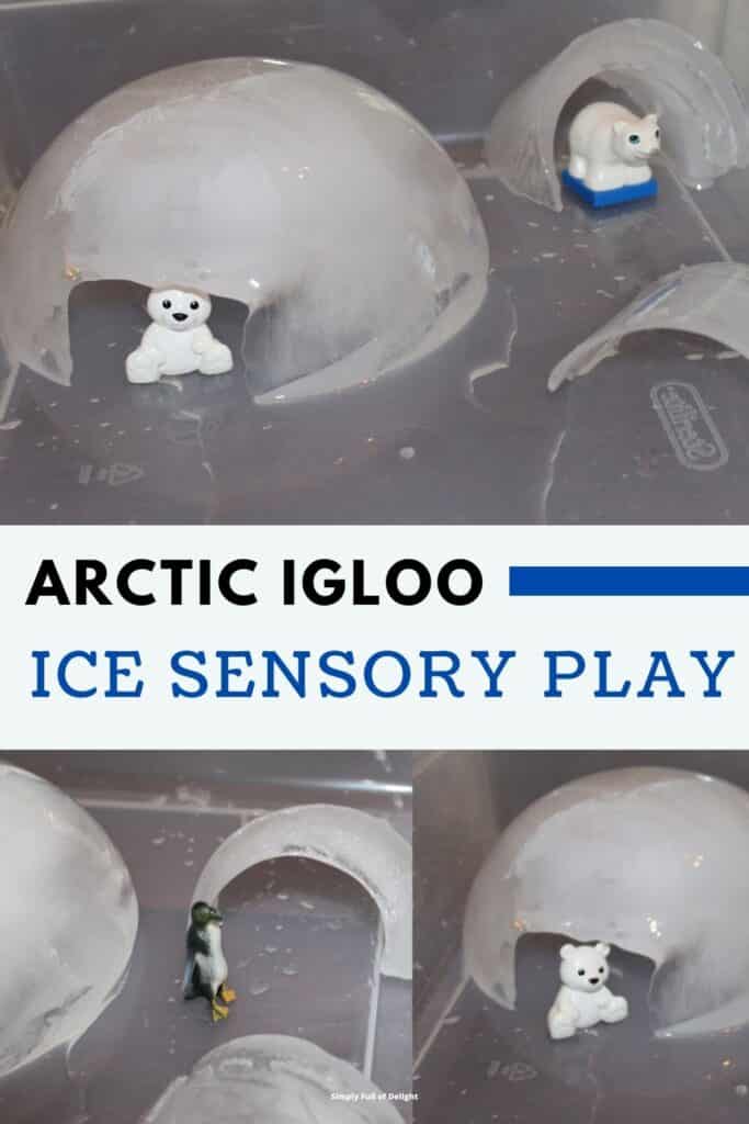 Arctic Igloo Ice Sensory Play - Shown in picture: A variety of miniature igloos in a sensory bin with arctic animals including polar bears and penguins.