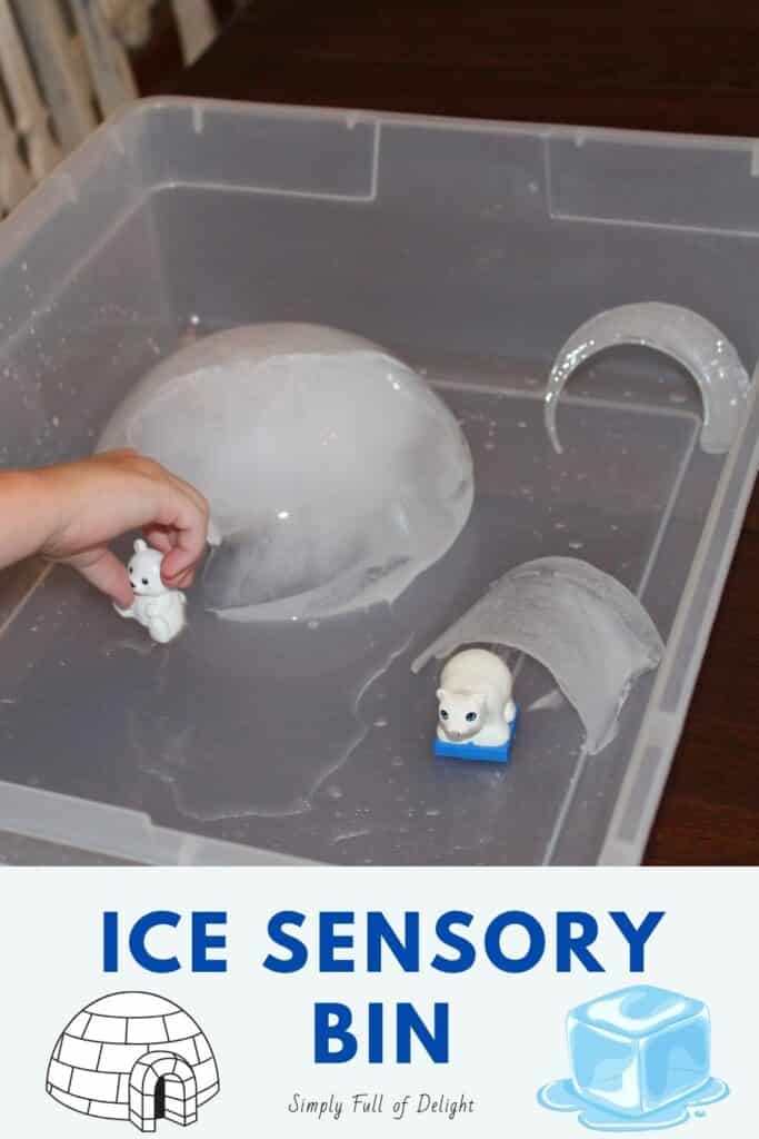 Ice Sensory Bin - Ice sensory play experience with real ice mini igloos and polar bear toys.