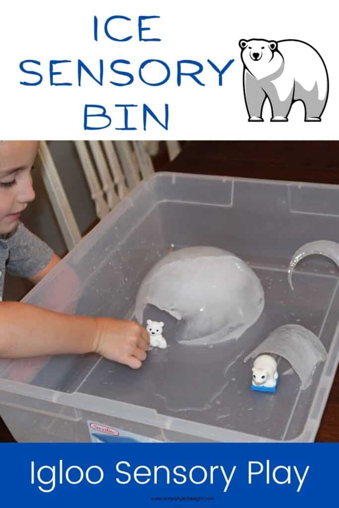 Ice Sensory Bin - This sensory play experience incorporates igloos made of real ice with arctic animals such as polar bears, arctic hares, and penguins