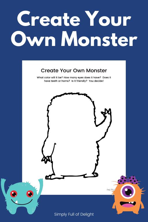 Create Your Own Monster - free printable monster coloring page displayed on a blue background with 2 little monsters on bottom