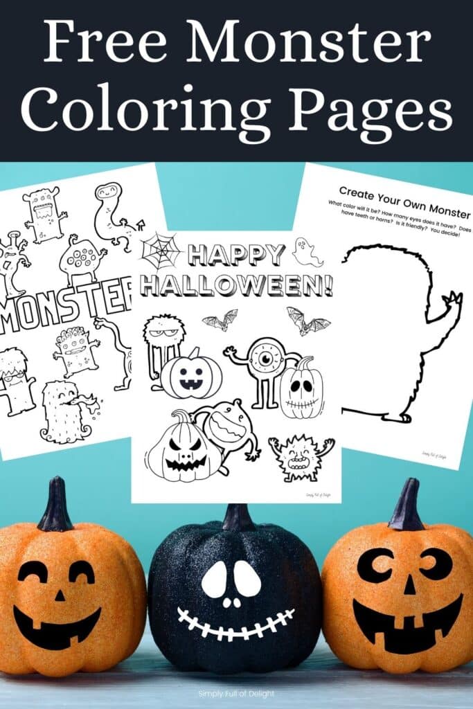 Free Monster Coloring Pages for Kids!  Grab your free monster coloring pages printables today and celebrate Halloween with some spooky fun! (Pic shows 3 pumpkins on the bottom with 3 free halloween coloring pages displayed on top)