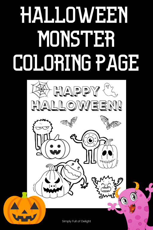 Halloween monster coloring page - free printable monster coloring sheet (shown halloween coloring page filled with monsters and pumpkins)  What a fun Happy Halloween Coloring Page!