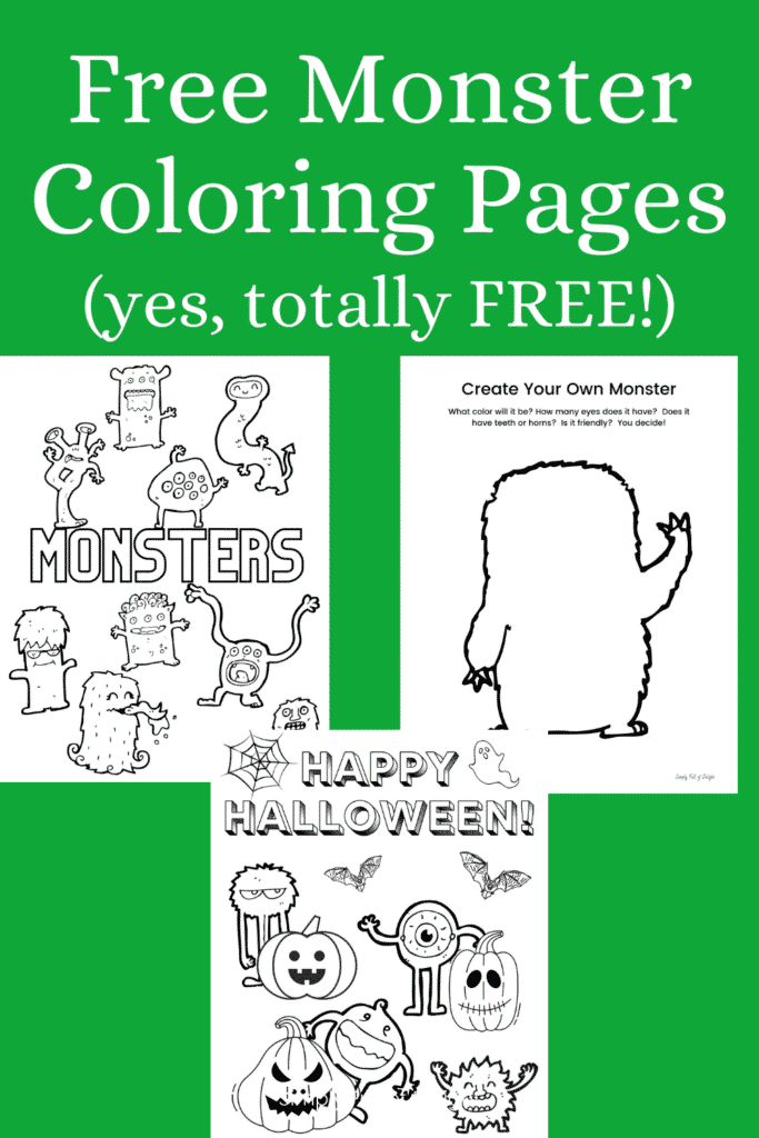 Free Monster Coloring Pages for Kids -  Grab your free monster coloring pages printables today!  (Shown: 3 coloring pages on a green background)