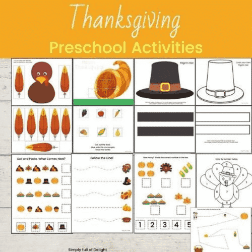 Thanksgiving preschool learning activities including a cut and paste turkey, pilgrim hat headbands, a cornucopia, line tracing, color by number turkey, and more!