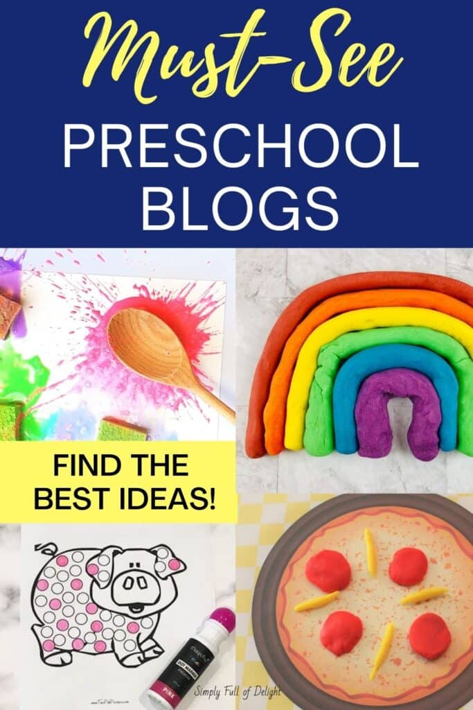 Must-See Preschool blogs - Find the best ideas on the best preschool blogs for teachers and parents.  Pictured: play dough pizza mat, dot marker pig page, rainbow playdough and splatter paint artwork