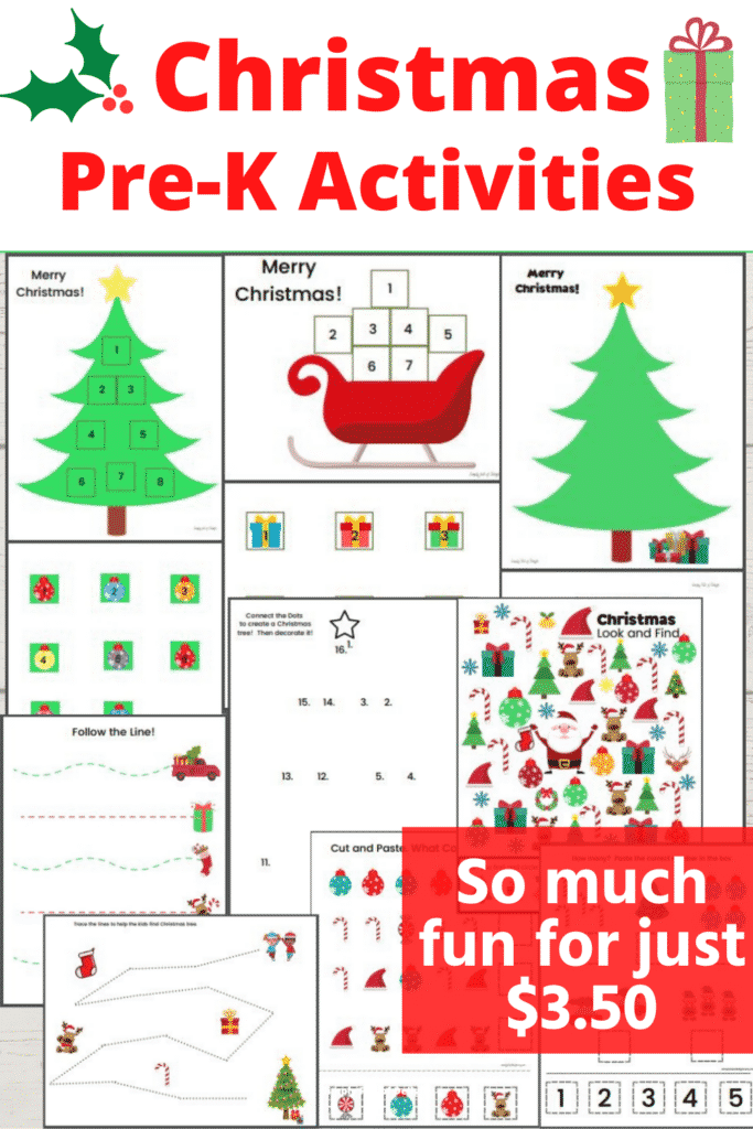 Preschool Christmas Activities pack including a look and find, cut and paste activities, line tracing, dot to dot, patterns worksheets and more!  So much fun for just $3.50