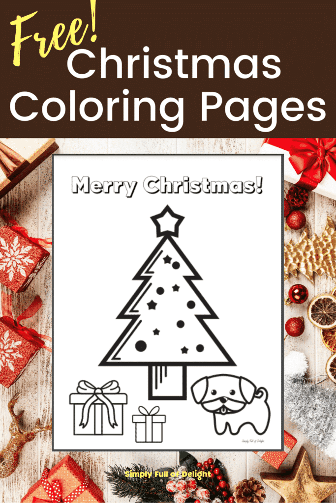 Free Christmas Coloring Pages - coloring page shown with a Christmas tree, 2 gifts, and a puppy