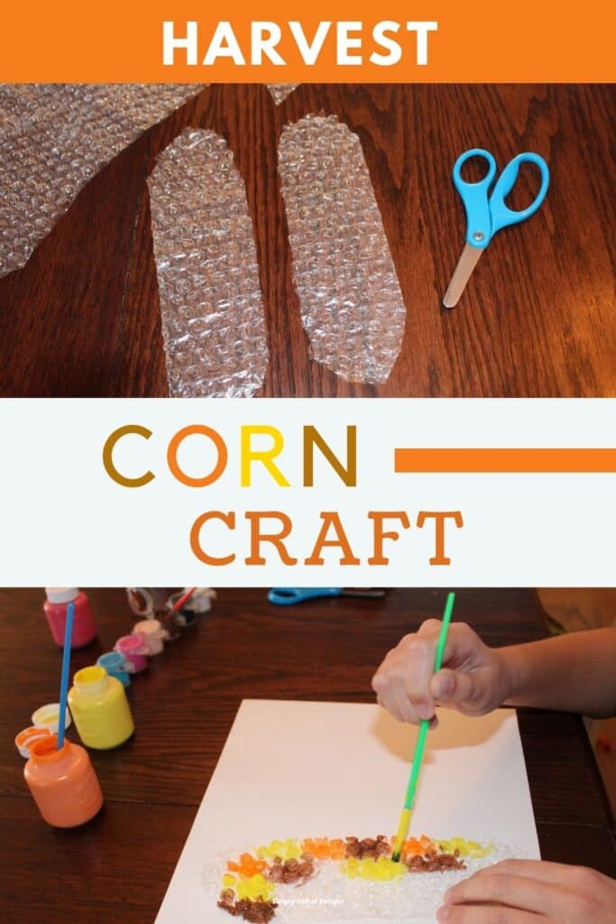 Harvest Corn Craft for Preschool - pictured: cutting out the bubble wrap into corn shapes, painting multicolored corn bubbles