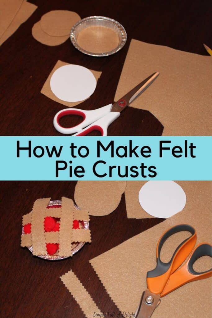 How to make felt pie crusts - picture shows scissors, tan felt material with a circle pattern, and pinking shears with rectangle strips