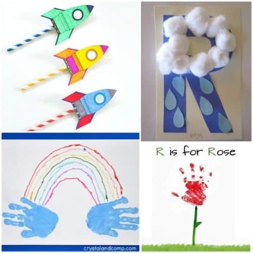 Letter R activities from Kids Activities Blog.  Rockets, rain clouds, handprint rainbow and a handprint rose.