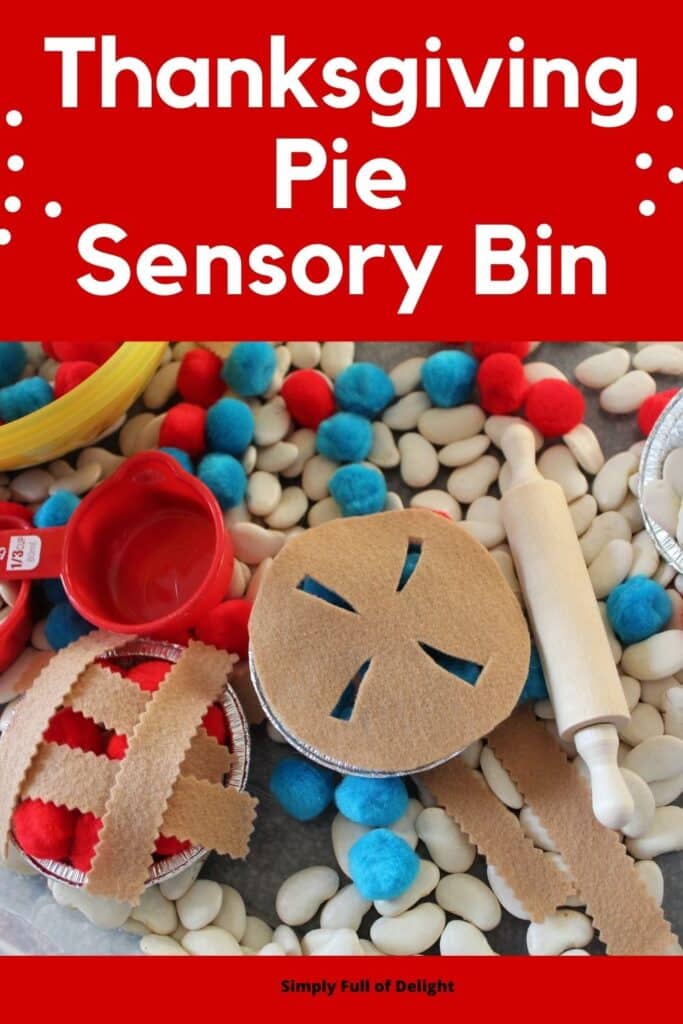 Thanksgiving Pie Sensory Bin - a sensory play experience with lima beans with colorful pompoms, felt pie crusts, mini pie tins, and a mini rolling pin 