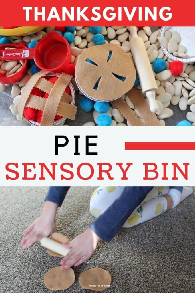 Thanksgiving Pie Sensory Bin - Child rolling felt pie crusts, and the inside of the pie sensory bin filled with beans, felt crust, rolling pin, pom poms and more.