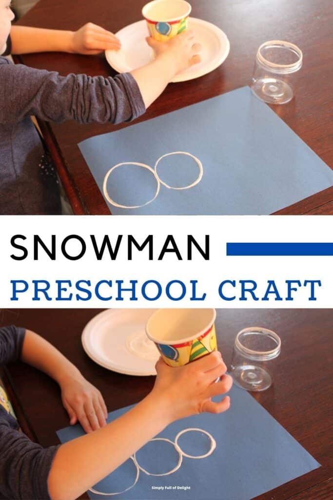 Snowman preschool craft - child printing circles to form a snowman with paint and cup.